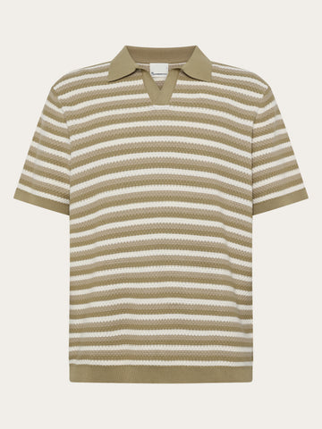 KnowledgeCotton Apparel - MEN Knitted stripe polo Polos 8030 Beige stripe