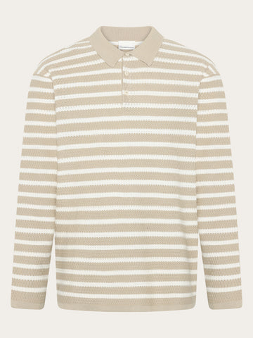 KnowledgeCotton Apparel - MEN Knitted stripe polo Polos 8033 Creme Stripe