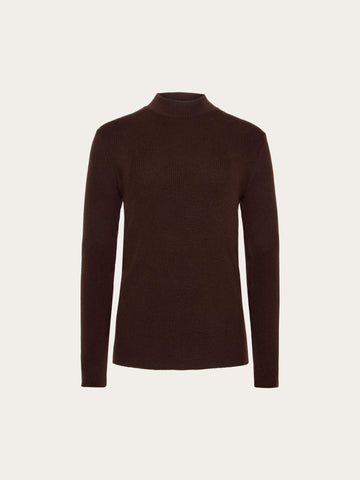 KnowledgeCotton Apparel - WMN Merino rib mock neck long sleeve t-shirt Knits 1487 Chocolate Torte
