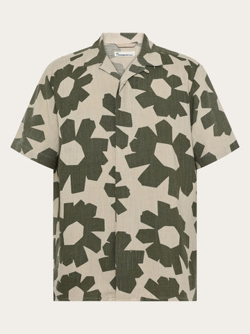 KnowledgeCotton Apparel - MEN Relaxed linen blend print short sleeve shirt Shirts 9923 Green